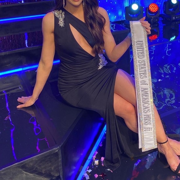 One shoulder black embellished beaded gown with slit overskirt cape and cutout - Picture 6 of 7